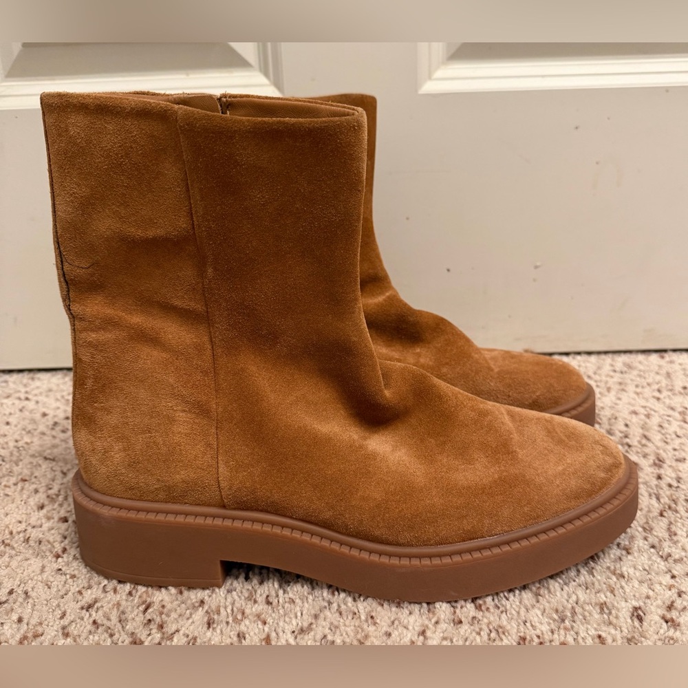 Vince Kady Suede Zip Moto Booties, Water Repellent Camel/Caramel Suede; 10/40